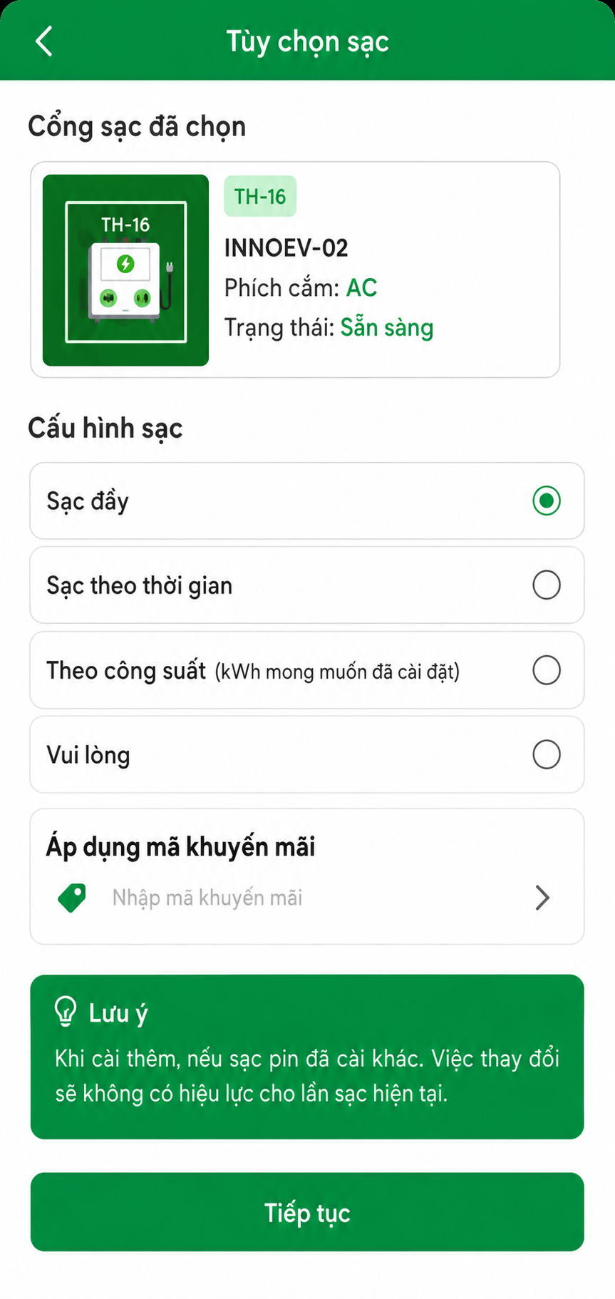 Ứng dụng TERA - Tùy chọn sạc