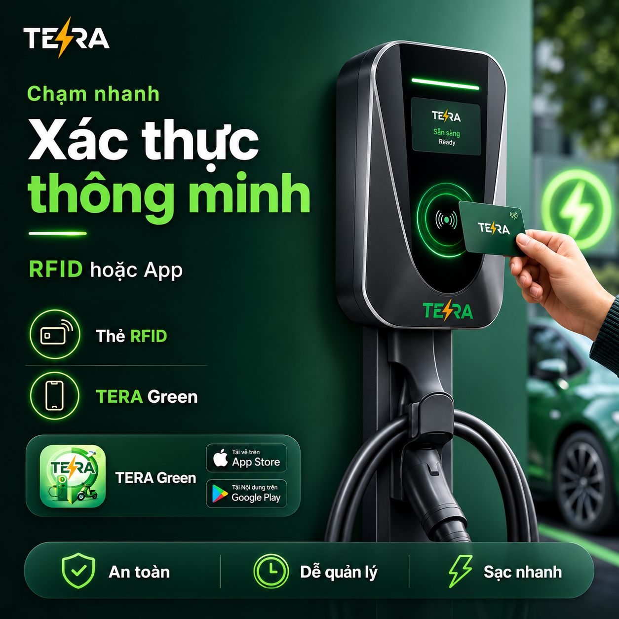 Xác thực trạm sạc ô tô điện TERA bằng RFID và ứng dụng