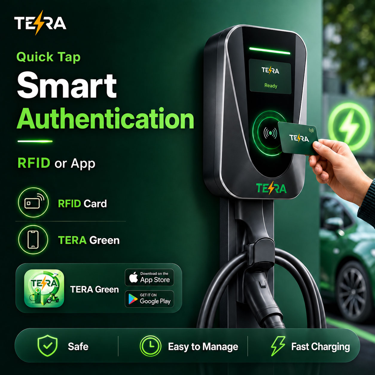 TERA EV charger authentication via RFID card and mobile app